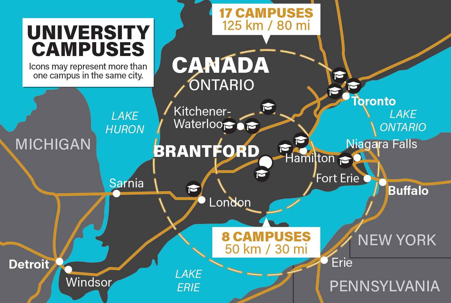 Map: Universities within 125 km (80 mi) of Brantford